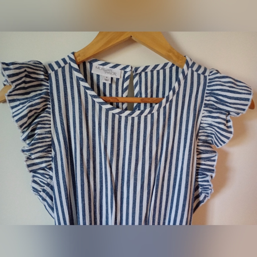 Morgan Taylor Blue and White Striped Ruffled Mini Dress Size Small - Picture 3 of 14